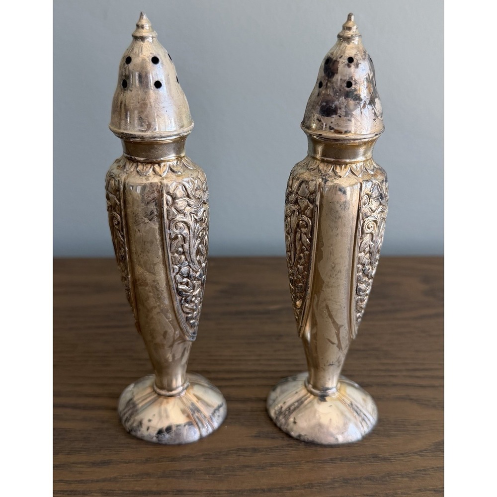 Vintage LaFrance Silver Co Salt Pepper Shakers Ornate Floral USA Set 615